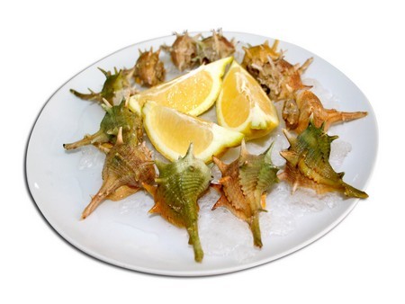 Cañaíllas cocidas adornadas con limón, sobre un plato blanco.